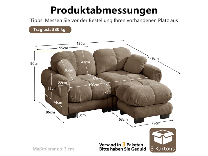 Canapé d'angle, canapé modulable – coussins inclus, marron, en chenille, 2 places, pouf amovible - Conforama D