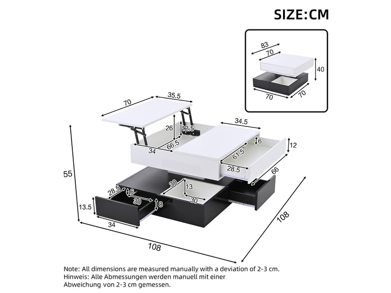  Table basse 70x70x40-55 cm relevable avec plateau rotatif 360°, 3 tiroirs, salon, panneau de particules, blanc et noir  - Conforama C