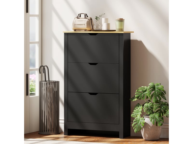  Armoire à chaussures 3 portes abattantes 2 compartiments panneaux particules noir chêne  - Conforama C