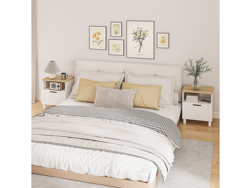  Ensemble de 2 tables de chevet avec tiroir, compartiment ouvert, pieds en bois, 45 x 38 x 50 cm, blanches  - Conforama D
