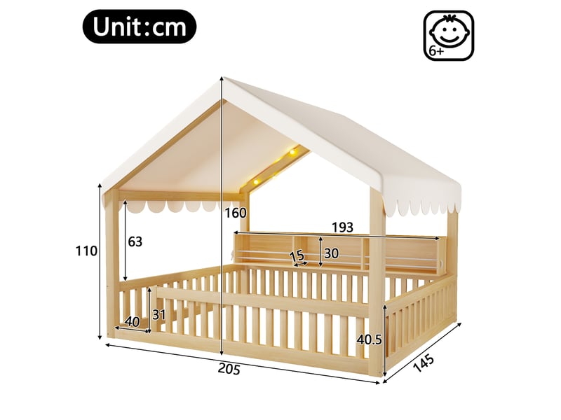  Lit cabane enfant 140 × 200 cm 2 places avec led, étagère et barrière, sans matelas, en bois, naturel  - Conforama D