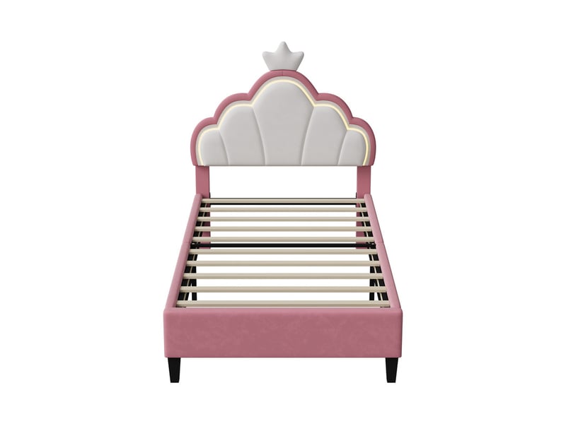  Lit enfant 90x190 cm avec tête de lit réglable couronne, lit simple, led,  velours rose et blanc  - Conforama E