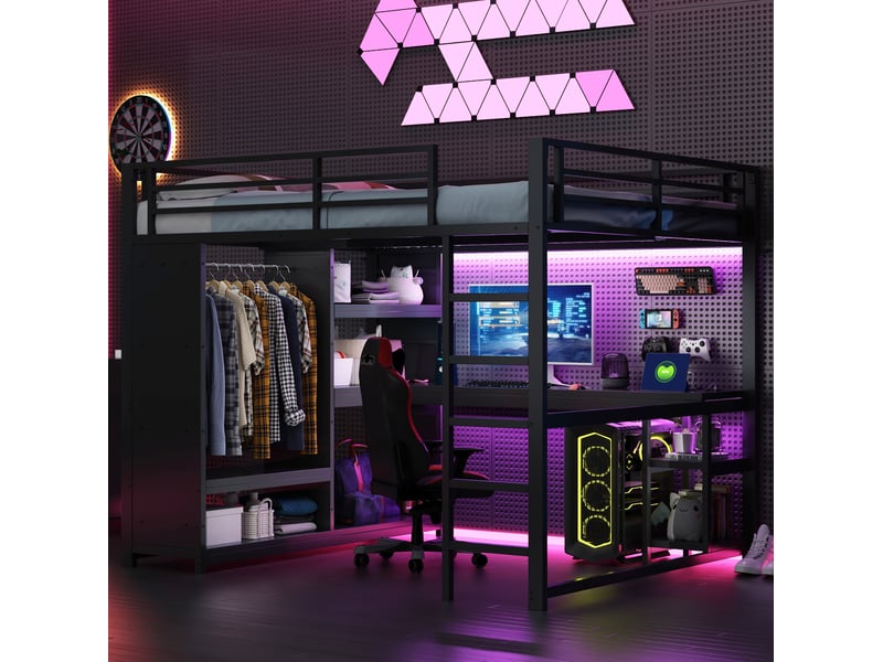 Lit mezzanine 160x200 cm en métal avec led, bureau, penderie et étagères noir - Conforama B