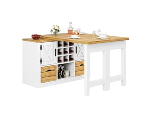 Îlot de cuisine extensible blanc 120-197x40x72 cm, buffet salon avec 2 portes et 2 tiroirs, casier à vin, table à manger