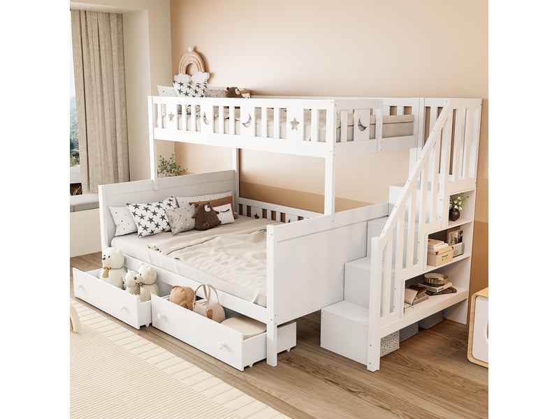  Modenvie lit superposé enfant 90x200140x200 cm - escalier avec rangement, sommier inclus - blanc  - Conforama B