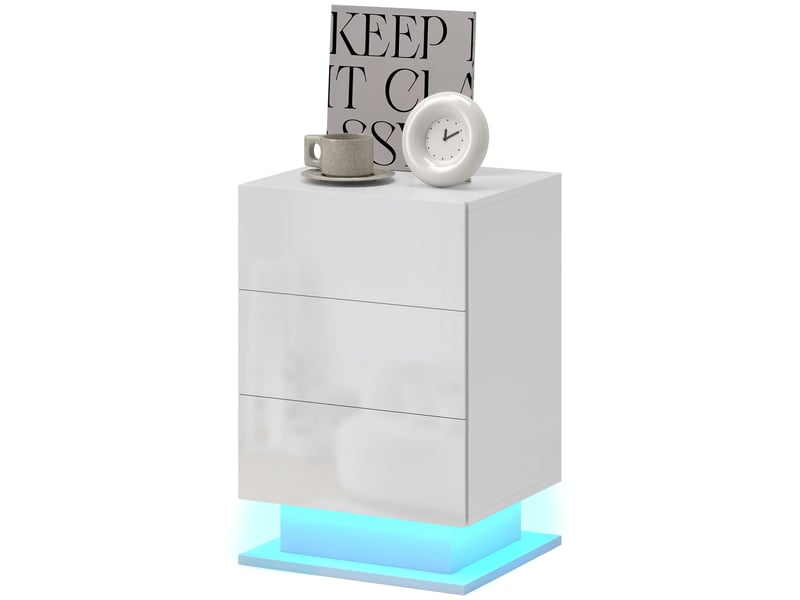  Table de chevet avec éclairage led rgb, 3 tiroirs et télécommande, design moderne, 40 x 35 x 60 cm, blanc brillant  - Conforama B