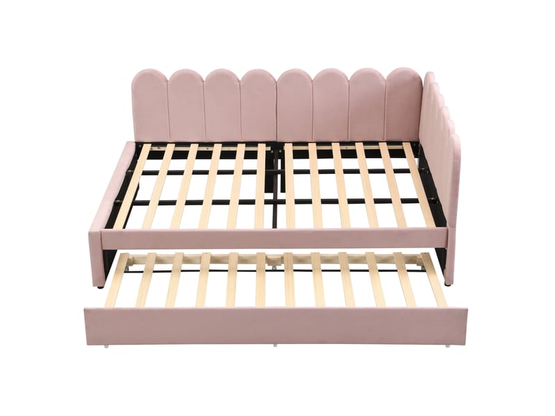 Lit banquette 140x200 cm – rose – lit gigogne à roulettes et dossier capitonné en velours – sans matelas - Conforama D