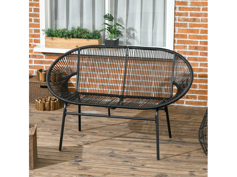 Banc de jardin 2 places en résine tressée noire, structure acier, dossier haut, idéal terrasse et balcon - Conforama B