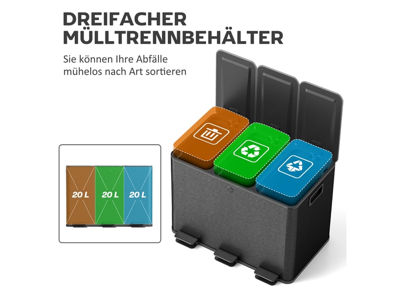  Poubelle à pédale de tri sélectif 3 x 20 l en acier inoxydable noir 61,9x36,6x56,7 cm  - Conforama D