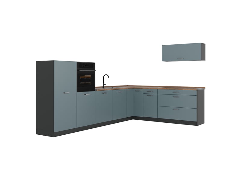  Vicco cuisine en angle, bleu-grisanthracite, 327 x cm plan de travail chêne doré  - Conforama A