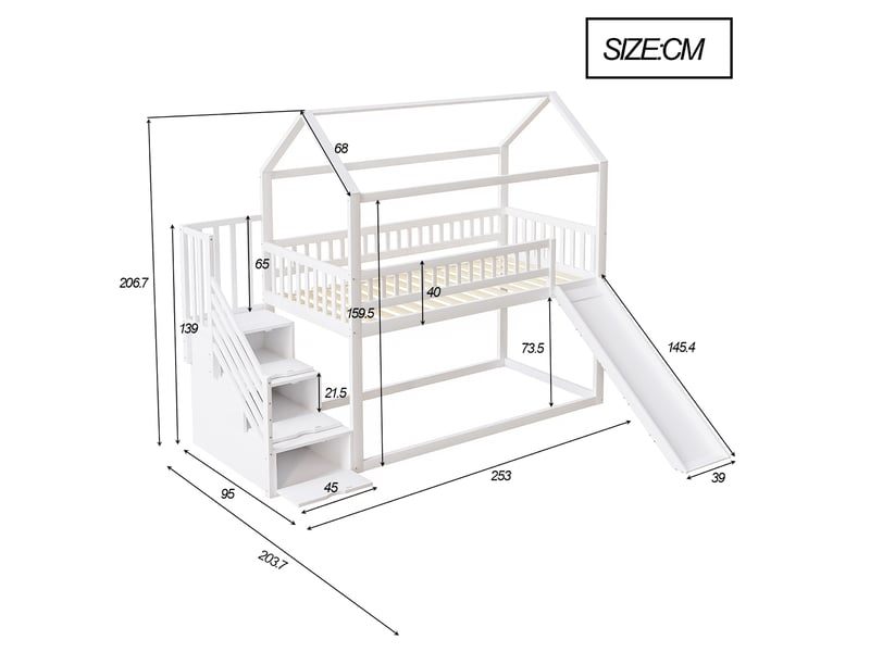 Lit mezzanine enfant avec toboggan et escalier de rangement 90x200 cm blanc - Conforama E