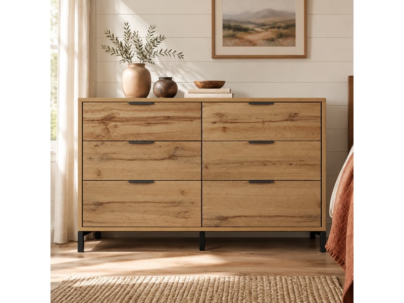  Commode 6 tiroirs avec pieds réglables pour chambre en panneaux de particules 120×40×76 cm chêne foncé  - Conforama B