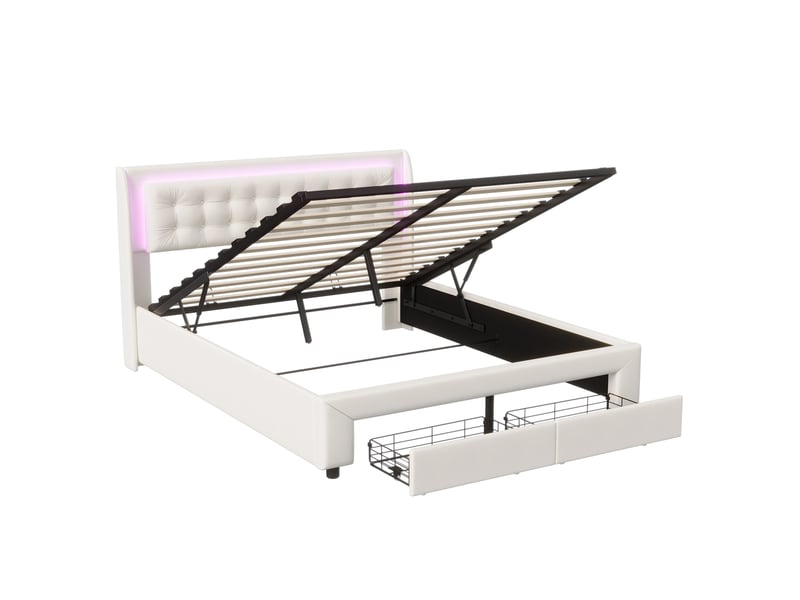  Lit coffre 140x190cm - lit double 140x190 - avec 2 tiroirs et tête de lit led rgb, rembourré en velours - style moderne - beige  - Conforama A
