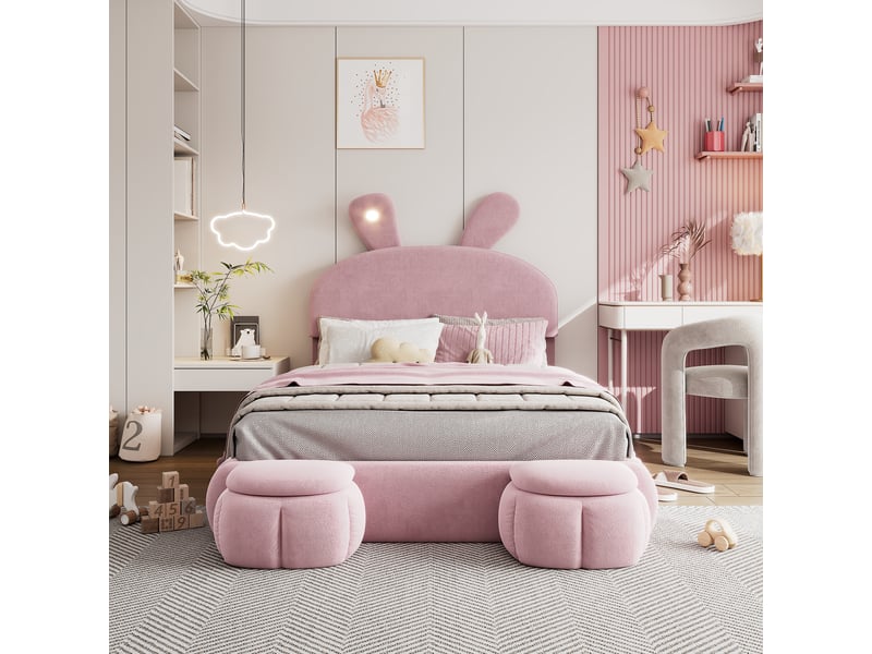  Lit coffre 140x200 cm hydraulique velours rose oreilles de lapin led veilleuse 2 poufs et sommier  - Conforama B