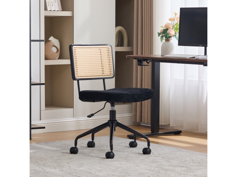  Chaise de bureau vintage en rotin avec roulettes – siège chenille noir, pivotante et réglable, cadre en bois  - Conforama B