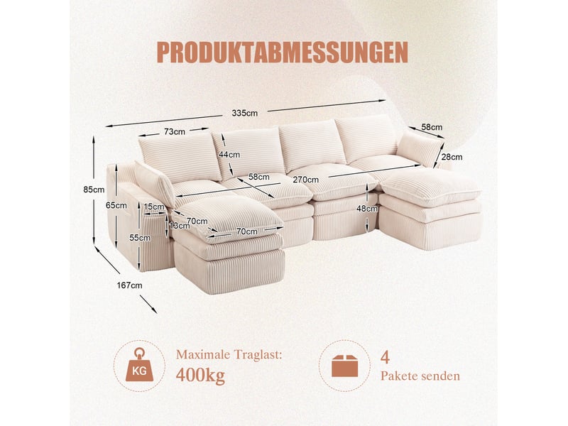 Canapé modulable 4 places en velours côtelé beige avec 2 poufs, coussins et poches latérales - Conforama E