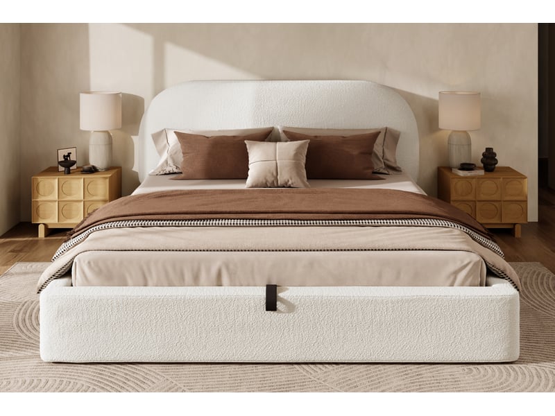  Lit coffre 180 × 200 cm, bouclé, sommier à lattes, tête de lit rembourrée, rangement, ouverture hydraulique, beige  - Conforama D