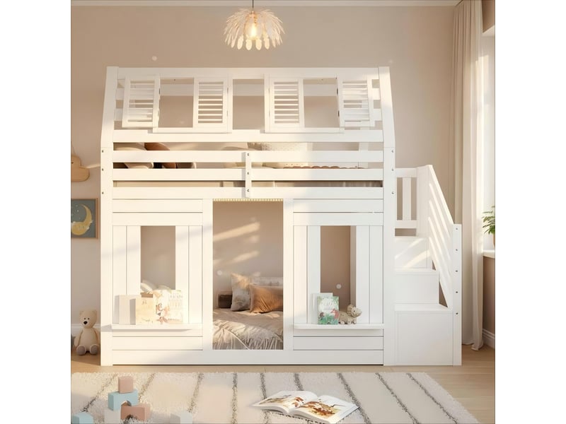 Lit mezzanine 90x200 cm avec led et échelle de rangement, lit cabane enfant avec barrière de sécurité, finition blanc bois, sommier à lattes inclus - Conforama D