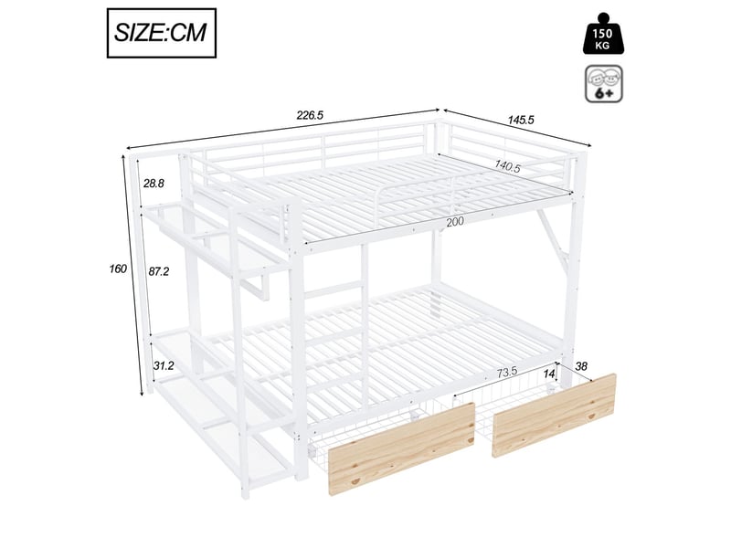  Lit superposé 140x200cm avec led et 2 tiroirs - lit double - cadre métal blanc, multiples étagères de rangement, penderie intégrée  - Conforama C