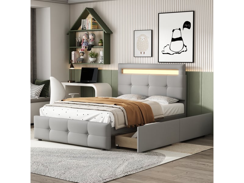  Lit enfant rembourré 90 x 200 cm avec led et 2 tiroirs, tête de lit réglable, gris Fay Lum - Conforama D