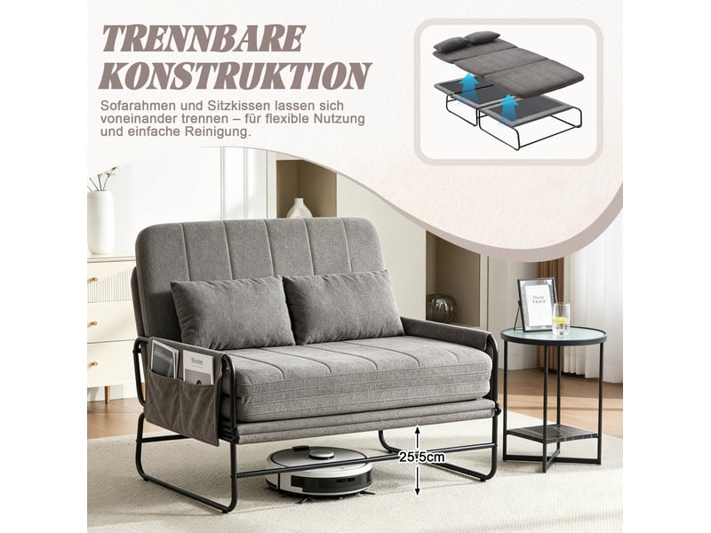 Canapé convertible 2 places avec poches latérales et coussin lombaire, structure en métal, chenille gris - Conforama D