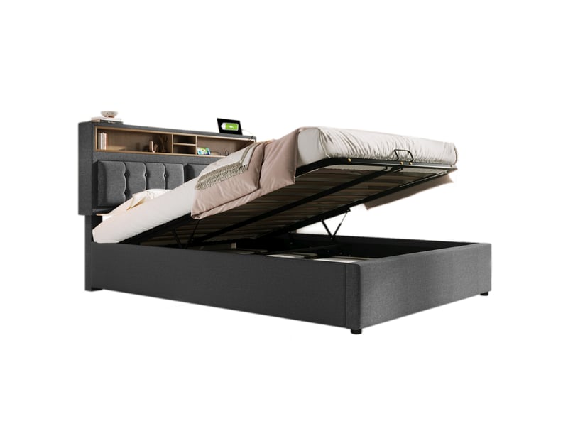  Lit double 160x200 cm avec usb, prise et type-c, tête de lit réglable, gris sans matelas  - Conforama A