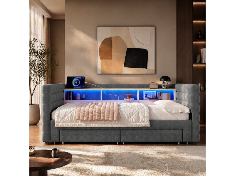  Lit banquette convertible extensible avec tiroirs, rangements, éclairage et ports usb, en velours gris, 90 x 190 cm  - Conforama B