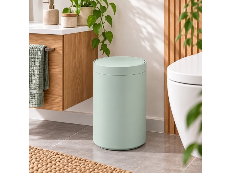  Poubelle ronde de salle de bain à couvercle basculant en polypropylène finition mate, capacité 5l,coloris vert menthe - longueur 18 x profondeur 18 x hauteur 27 cm  - Conforama B