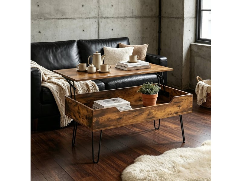  Table basse rectangulaire 95x50x40 cm relevable avec rangement mdf métal marron rustique et noir  - Conforama D