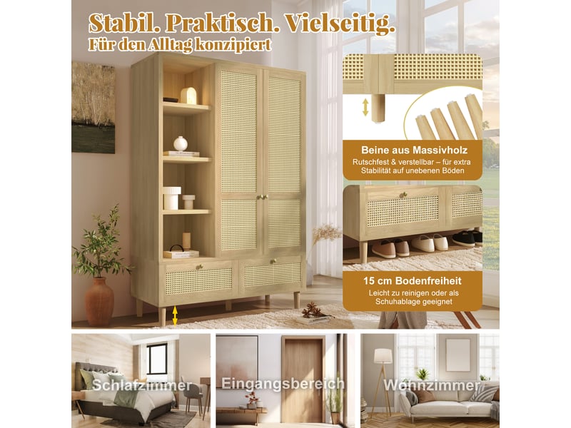 Armoire chambre 120x50x180 cm - penderie 2 portes, cannage rotin, 2 tiroirs, 4 étagères ouvertes, effet chêne - Conforama D