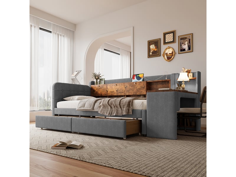  Lit avec rangement rembourré 90x200cm coloris gris lin lit enfant gris - Conforama E