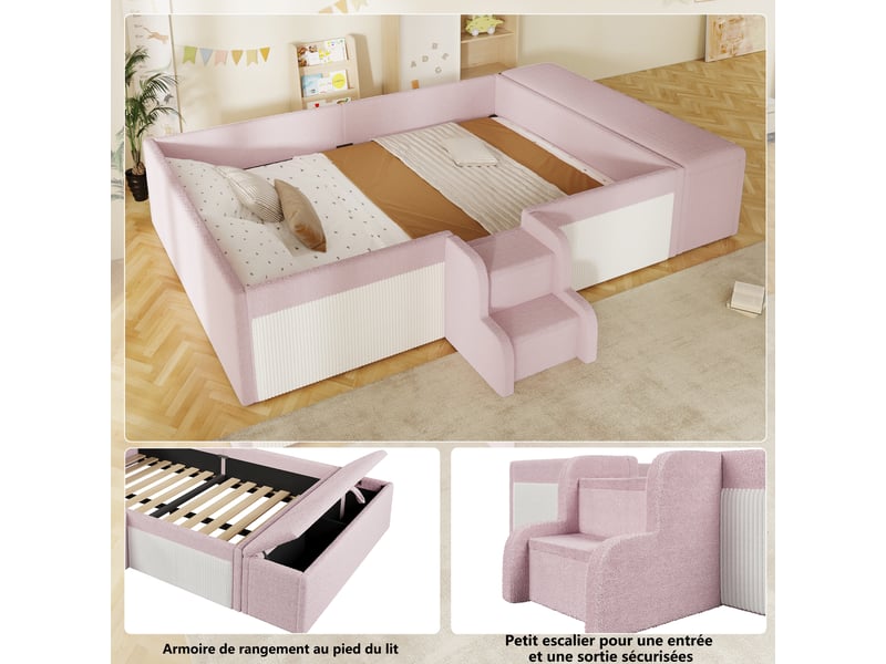  Lit enfant 140 x 190 cm, banc coffre mobile, escalier 2 marches, contours rembourrés, sommier à lattes inclus, revêtement bouclé, rose et blanc Luxe haut de gamme - Conforama R