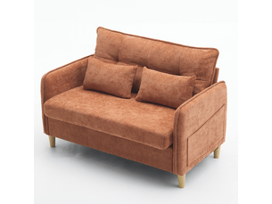 Canapé droit 2 places avec poches latérales - accoudoirs et coussins, chenille marron, 127 cm