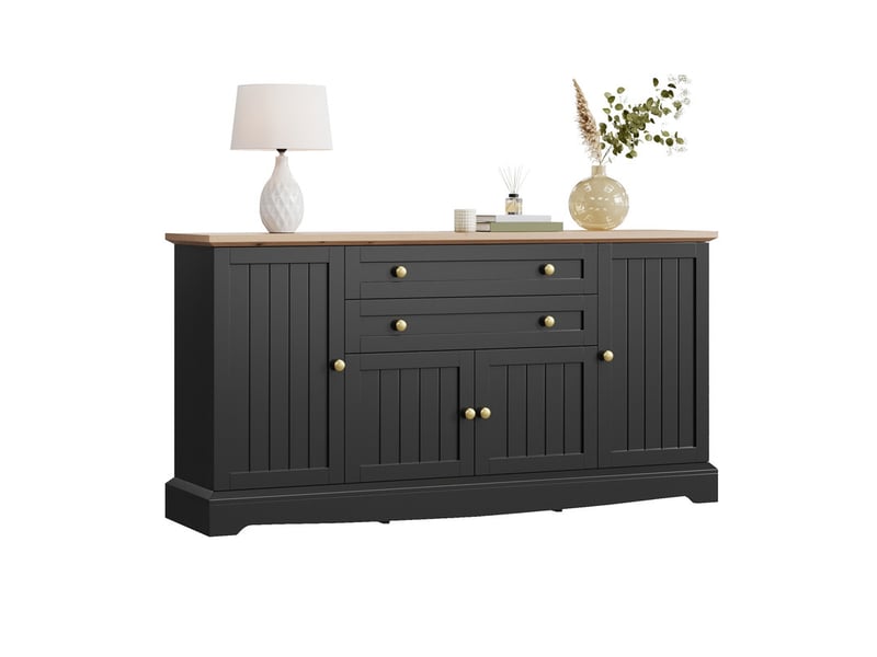  Commode 4 portes et 2 tiroirs, 160 x 38 x 78,5 cm, tablettes ajustables, poignées en fer, design contemporain à lamelles, noir  - Conforama A