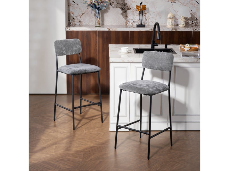  Ensemble 2 tabourets bar hauts rembourrés, comptoir cuisinebar, dossier, repose-pieds, tissu, acier gris.  - Conforama C