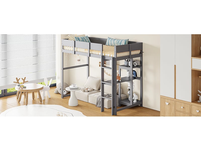  Lit mezzanine enfant simple 90×200 cm avec étagère et barrières - okmyhome- en pin gris, sans matelas  - Conforama E