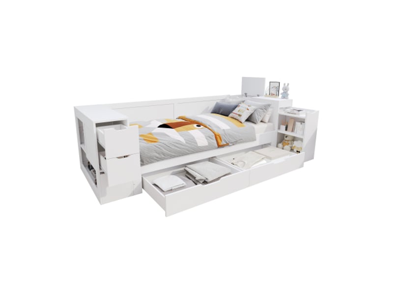  Lit enfant 90x200 cm, lit simple avec tiroirs, étagères, espace de rangement et table de chevet, sans matelas, mdf, blanc  - Conforama A