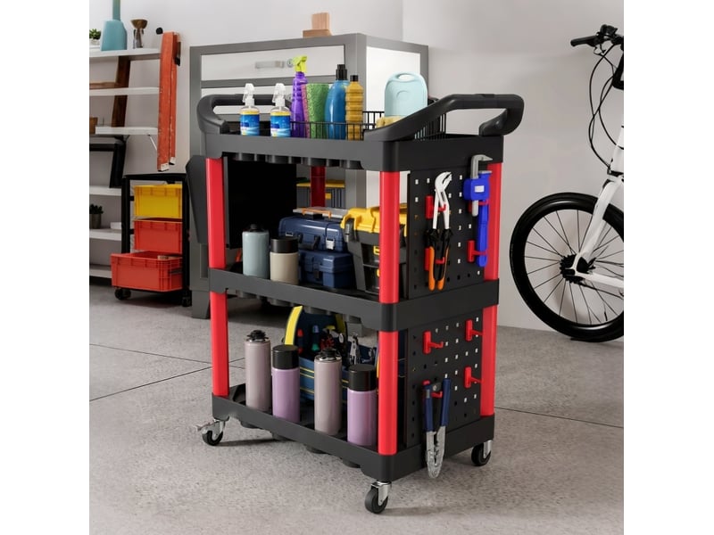  Chariot à outils 3 niveaux 95 x 43 x 96 cm noir et rouge en polypropylène avec panneaux perforés  - Conforama B