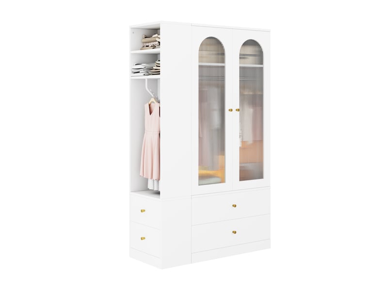  Armoire de rangement 120 x 50 x 200 cm – blanche – 4 tiroirs, portes en verre strié et étagères ouvertes  - Conforama A