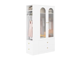 Armoire de rangement 120 x 50 x 200 cm – blanche – 4 tiroirs, portes en verre strié et étagères ouvertes