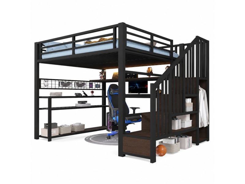  Lit mezzanine 2 places 140 × 200 cm avec led, bureau, armoire et rangements, sans matelas, noir  - Conforama A