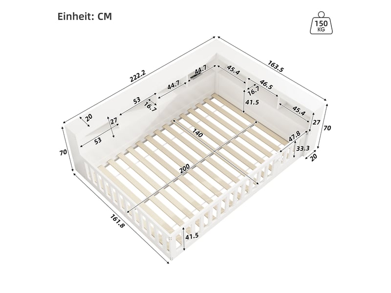  Lit de jour, 140 x 200 cm, canapé-lit, table de chevet avec rangement, sommier à lattes (sans matelas), barrière de sécurité, panneaux de particules, prise électrique et port usb, blanc  - Conforama C