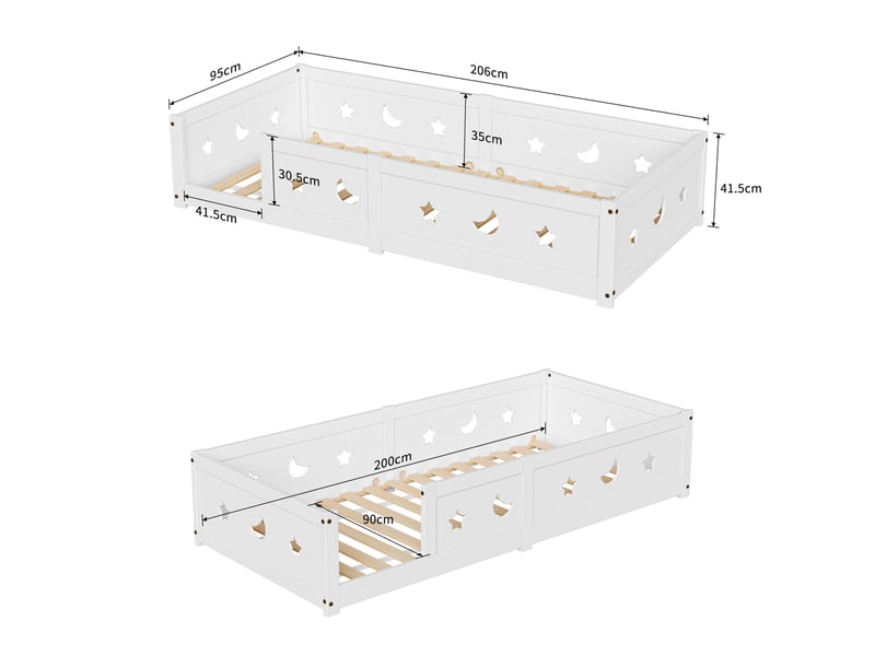  Lit simple enfant  90x200 cm - lit évolutif 90x200cm - lit avec barrière de sécurité - motifs étoiles et lune - lit au sol - structure bois massif - blanc  - Conforama E