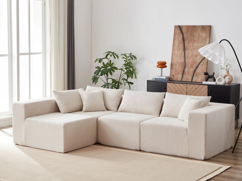 Canapé d'angle modulaire ,4 places, combinaison libre,en velours côtelé , 264 × 167×71cm,beige - Conforama B