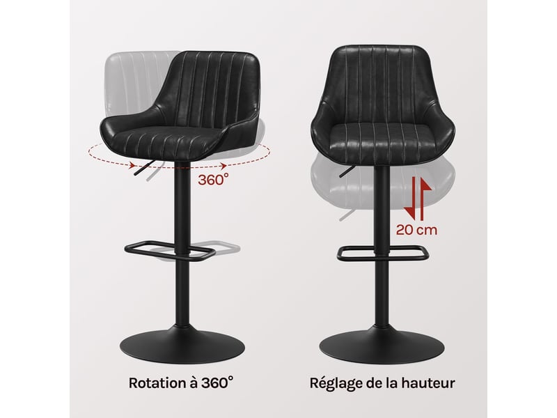  Lot de 2 tabourets bar réglable en hauteur, accoudoirs et dossier, en faux cuir + métal, noir  - Conforama E