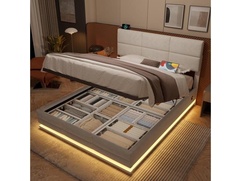 Lit en velours beige 140 x 200 cm - Conforama D