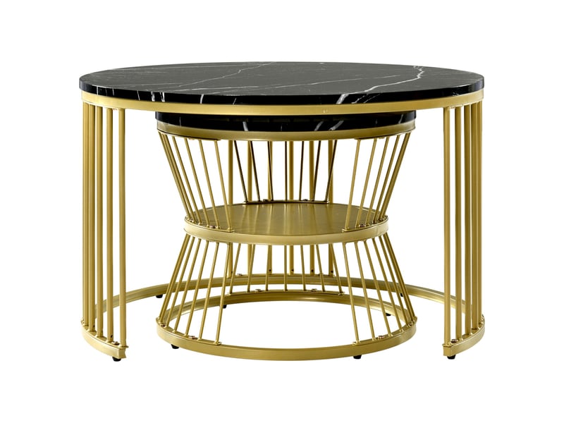  Lot de 2 tables basses gigognes ronde – 70 x 70 x 45.5 cm – double niveau &amp; pieds métal – marbre- noir et doré  - Conforama A