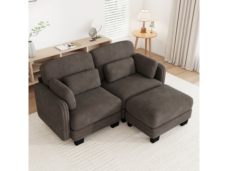 Canapé d'angle modulable - 2 places - forme l - 1 ottoman - coussins d'accoudoirs - tissu chenille - structure en bois massif - brun CozyNest - Conforama C