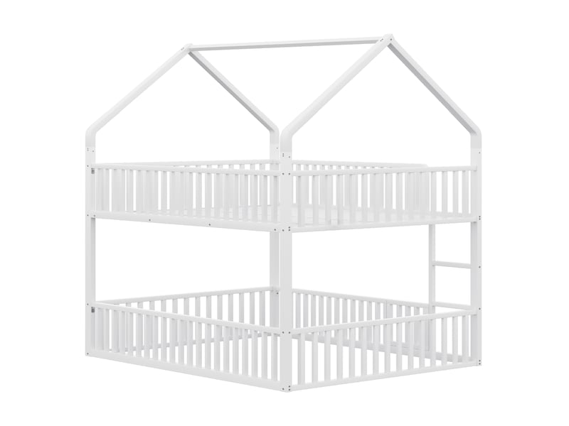  Lit superposé enfant 140x200 cm avec escalier, forme de maison, barrière de sécurité avec porte d'ouverture, en métal, sans matelas, blanc  - Conforama E