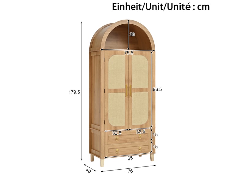  Buffet haut 76x40x179,5 cm avec niche ouverte en arc, éclairage led, 2 portes décor rotin et 2 tiroirs, en mdf, naturel  - Conforama C